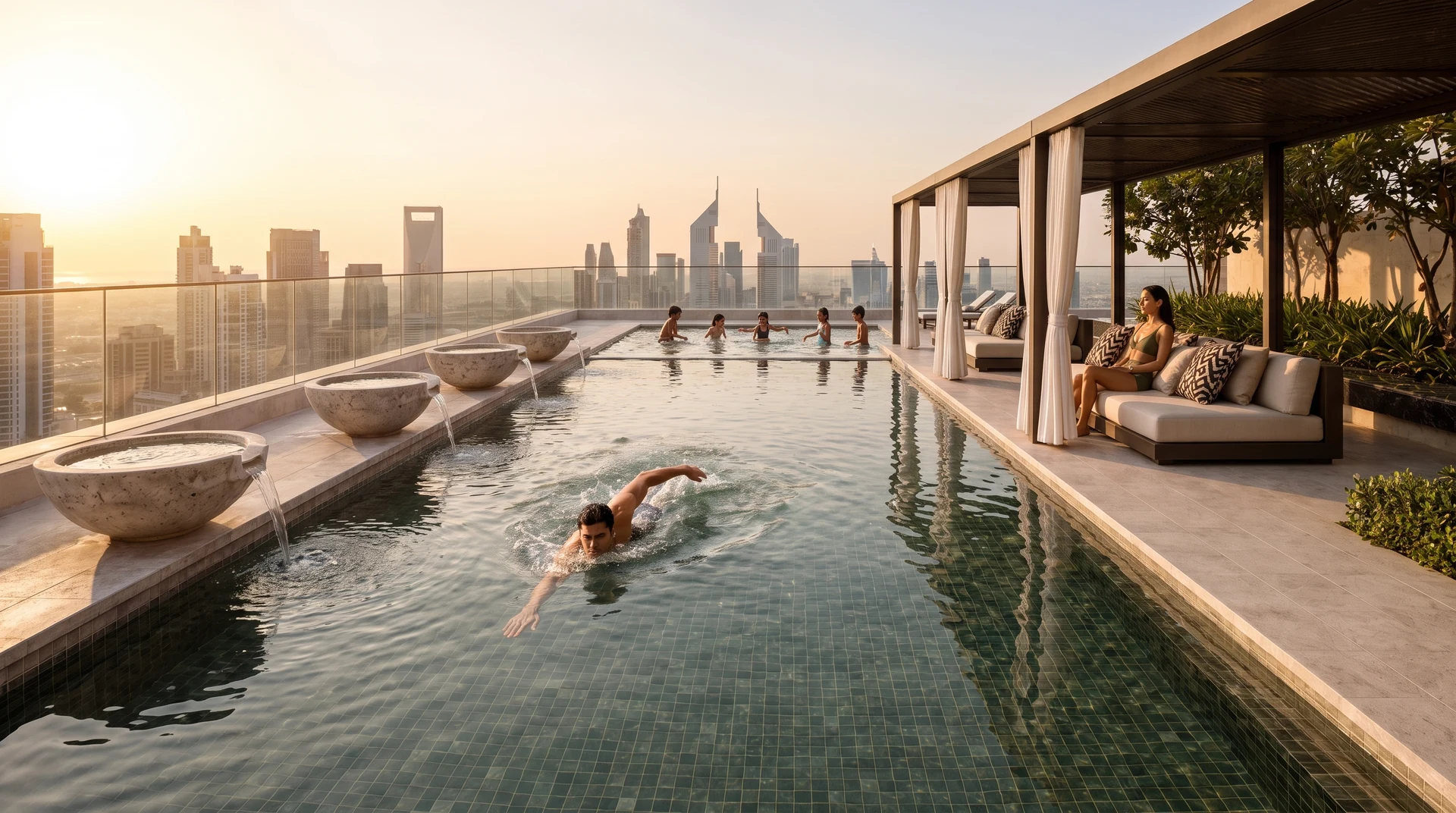 Lifestyle concept of a sunlit swimming pool and lounging spaces