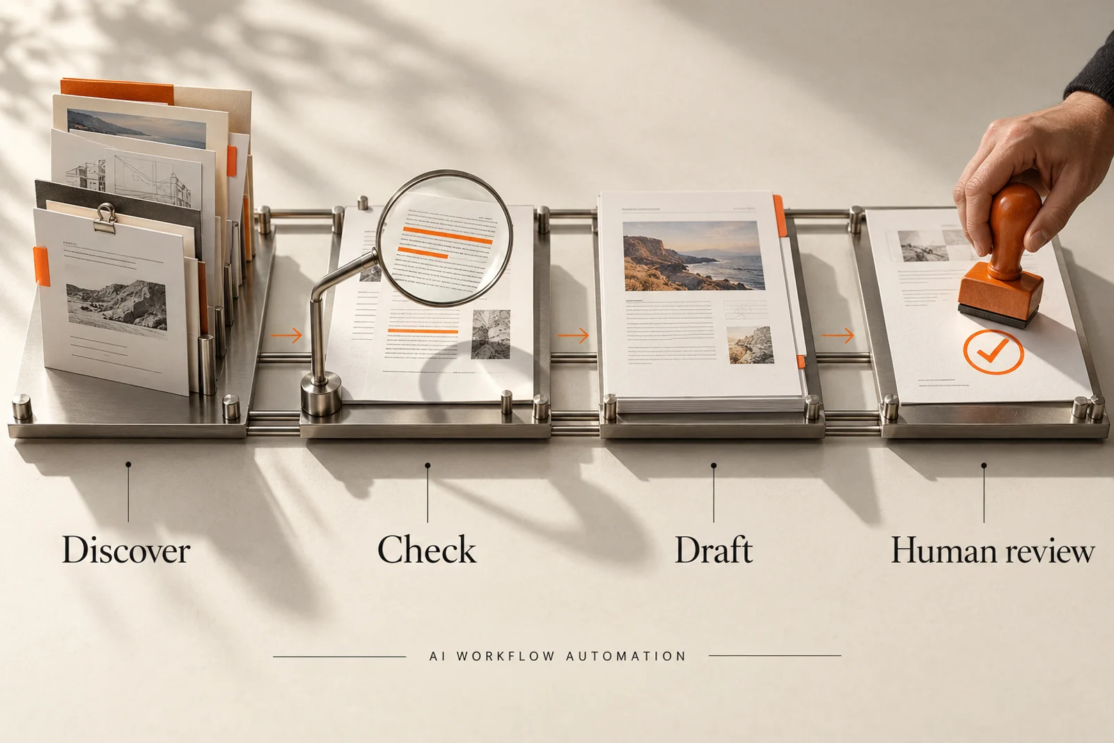 Conceptual infographic: Discover → Check → Draft → Human review